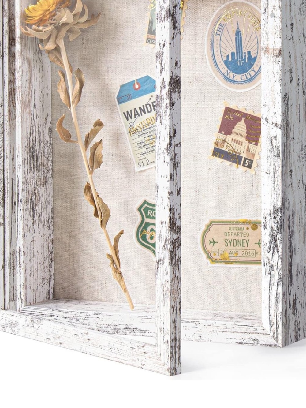 Distressed White Wood Shadow Box Display with Linen Backing